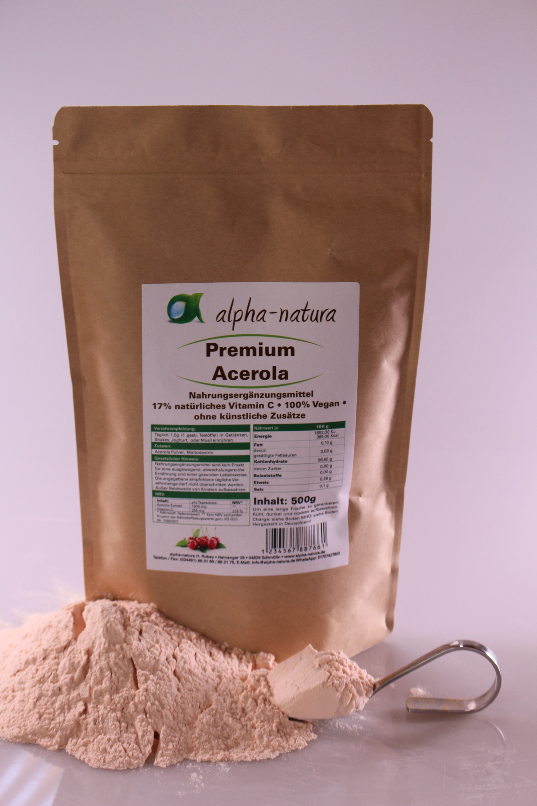  Acerola Pulver 500g (EUR 35,80 / kg)  - Natürliches Vitamin C min. 17% - Rohkostqualität - Vegan 